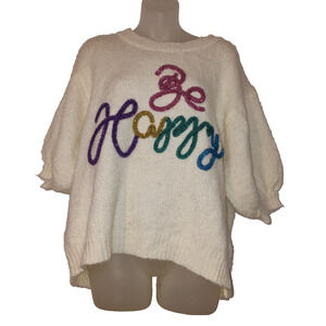 Habit Womens White Fuzzy Knit Be Happy Graphic Sweater Size L Bag 8